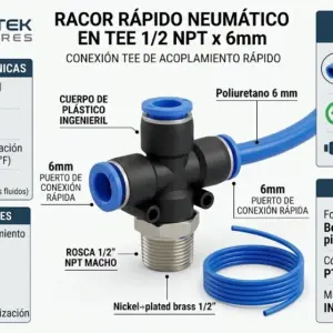 Conector para aire comprimido 8 mm Fitting neumático industrial Tee Racor rápido para sistemas neumáticos Racor neumático Tee 1/2 x 3/8 Instrutek Conector rápido neumático tipo Tee Racor Tee 1/2 NPT para tubing 3/8