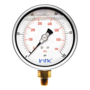 4” Liquid filled (O.E.M.), pressure gauge, 1/4” NPT, bottom connection, 0 to 100 psi-kPa