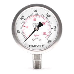 Manómetro 2.5", acero inoxidable, 1/4" NPT, inferior, 3000 psi-kg/cm2