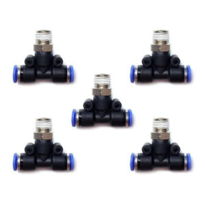 Paquete de 5 racores rápidos neumáticos en Tee 1/8 NPT macho Conector neumático Tee para aire comprimido y automatización industrial Racor neumático NPT 1/8 para manguera y sistemas de aire comprimido Racor neumático Tee 1/8 Instrutek Conector rápido neumático tipo Tee Racor Tee 1/8 NPT macho