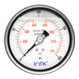 4” S.S. Liquid filled (O.E.M.), pressure gauge, 1/2” NPT, back connection, 0 to 200 psi-kPa