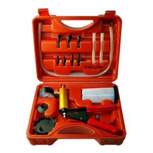 Bomba de vacío manual. Cuenta con vacuómetro a -30inHg (-760 mmHg), kit de adaptadores, tres mangueras y recipiente de depósito con tapa.
