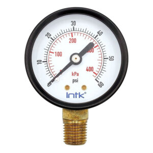 2" Standard, dry, pressure gauge, black steel case, 1/4" NPT, bottom connection, 0 to 60 psi-kPa