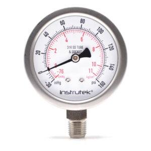 Manovacuómetro 2.5", acero inoxidable, 1/4" NPT, inferior, 30 Vac inHg-cmHg, 160 psi-kg/cm2