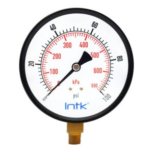 4" Standard, dry, pressure gauge, black steel case, 1/4" NPT, bottom connection, 0 to 100 psi-kPa