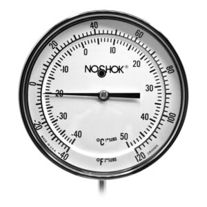 Termómetro 5 pulgadas, acero inoxidable, ángulo variable, 1/2" NPT, con tornillo recalibrador y sello hermético, vástago 9", rango -40 a 120 F-C