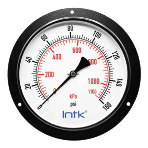 8" Standard, dry, pressure gauge, black steel case, 1/2" NPT, back connection, 0 to 160 psi-kPa