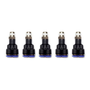 Conector Yee NPT 4mm Instrutek instalado en válvula neumática con tres salidas de tubing de poliuretano en sistema de aire comprimido Racor rápido tipo Yee 1/8 NPT por 4mm marca Instrutek conectando tubing delgado en tablero neumático de control industrial Fitting neumático Yee con rosca 1/8 NPT y tubing 4mm Instrutek en circuito de presostato y manómetro en planta de manufactura