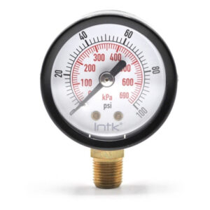 1.5" Standard, dry, pressure gauge, black steel case, 1/8" NPT, bottom connection, 0 to 100 psi-kPa