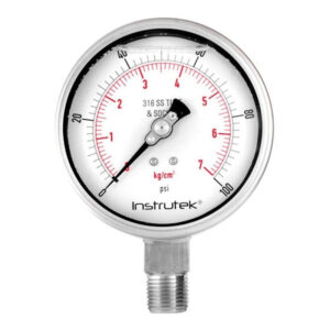 Manómetro 4", acero inoxidable, 1/2" NPT, inferior, 100 psi-kg/cm2