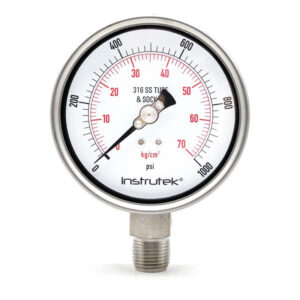 Manómetro 4", acero inoxidable, 1/2" NPT, inferior, 1000 psi-kg/cm2