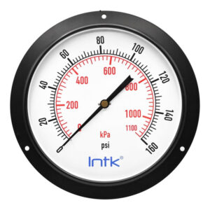 10" Standard, dry, pressure gauge, black steel case, 1/2" NPT, back connection, 0 to 160 psi-kPa