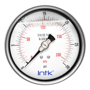 4” S.S. Liquid filled (O.E.M.), pressure gauge, 1/2” NPT, back connection, 0 to 30 psi-kPa