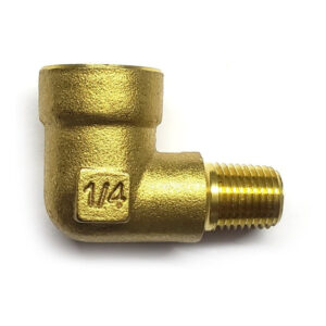 Conector en codo 90 hembra - macho, fabricado en latón (dorado) de 1/4" NPT x 1/8" NPT (M)