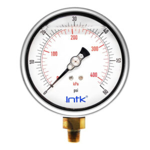 4” Liquid filled (O.E.M.), pressure gauge, 1/4” NPT, bottom connection, 0 to 60 psi-kPa