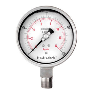 Manómetro 4", acero inoxidable, 1/2" NPT, inferior, 200 psi-kg/cm2