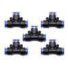 Unión Tee 8mm neumática Instrutek conectando tres mangueras de poliuretano en sistema de distribución de aire comprimido industrial Racor push-in tipo Tee sin rosca de 8mm marca Instrutek uniendo tres tubos de aire en tablero de automatización industrial Fitting neumático Tee 8mm tubo a tubo Instrutek instalado en línea de distribución de aire de planta de manufactura en México