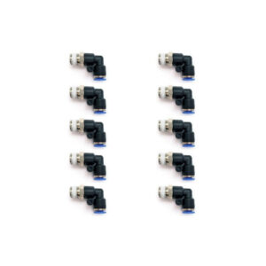 Codo neumático 1/8 NPT Instrutek conectando tubing de 1/8" en ángulo de 90 grados en tablero neumático compacto industrial Racor push-in en codo 1/8 NPT marca Instrutek redirigiendo manguera de aire sin doblarla en sistema de control neumático Fitting angular neumático 90° de 1/8 NPT Instrutek instalado en presostato de planta de manufactura en México