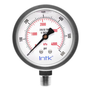 2.5” S.S. Liquid filled (O.E.M.), pressure gauge, 1/4” NPT, bottom connection, 0 to 600 psi-kPa
