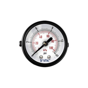 1.5" Standard, dry, pressure gauge, black steel case, 1/8" NPT, back connection, 0 to 15 psi-kPa
