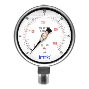 4” S.S. Liquid filled (O.E.M.), pressure gauge, 1/2” NPT, bottom connection, 0 to 60 psi-kPa