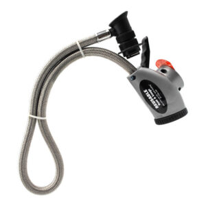 Manguera trenzada en color gris con manómetro. Reutilizable para recarga de aire acondicionado. Para refrigerante R-134a.