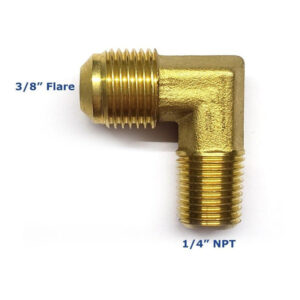 Conector en codo macho 90, fabricado en latón (dorado) de 1/4" NPT x 3/8" flare
