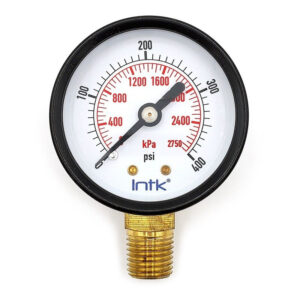 2" Standard, dry, pressure gauge, black steel case, 1/4" NPT, bottom connection, 0 to 400 psi / kPa