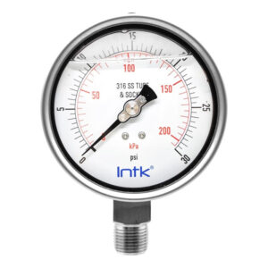 4” S.S. Liquid filled (O.E.M.), pressure gauge, 1/2” NPT, bottom connection, 0 to 30 psi-kPa