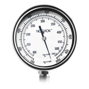 Termómetro 5 pulgadas, acero inoxidable, inferior, 1/2" NPT, con tornillo recalibrador y sello hermético, vástago 4", rango 200 a 1000 F-C