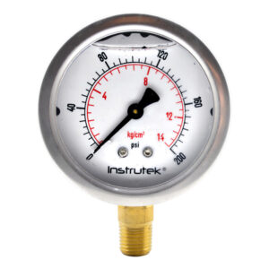 Manómetro 2.5", lleno de líquido premium, 1/4" NPT, inferior, 200 psi-kg/cm2