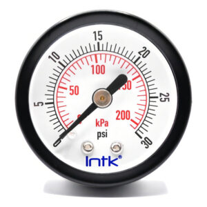 1.5" Standard, dry, pressure gauge, black steel case, 1/8" NPT, back connection, 0 to 30 psi-kPa