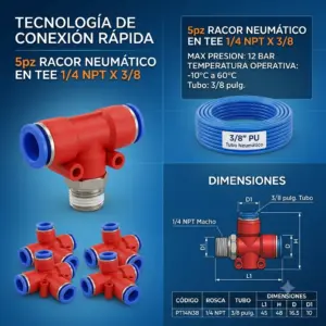Conector para aire comprimido 3/8 Fitting neumático industrial Tee Racor rápido para sistemas neumáticos Conector para aire comprimido 1/2 Fitting neumático industrial Tee Racor rápido para sistemas neumáticos
