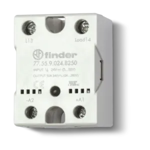 77.55.9.024.8250 Finder – Relé SSR 24 VCD 50A 77.55.8.230.8250 Finder 77.55.9.024.8650 Finder 77.55.9.024.8650 Finder, SSR de 50A con entrada 4-32VDC y salida 43.2-660VAC. Zero-Crossing para control industrial de alta potencia.